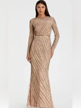 Mac duggal Beige Long Sleeve Beaded Column Gown